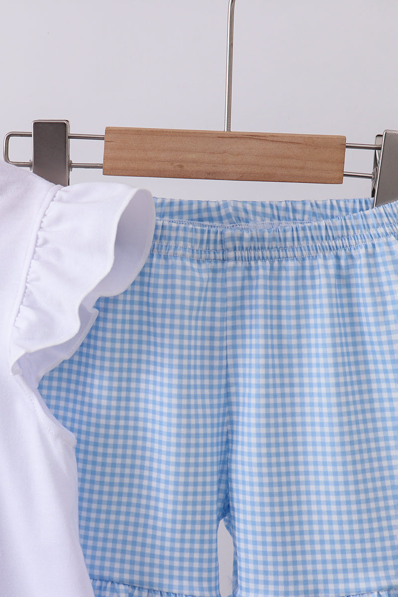 Blue Character Fireworks Embroidered Gingham Ruffle Shorts Set