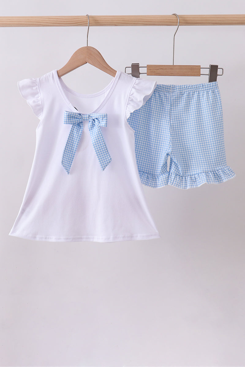 Blue Character Fireworks Embroidered Gingham Ruffle Shorts Set