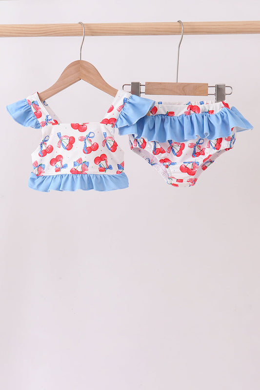 Blue Cherry Print Two-Piece Ruffle Swimsuit