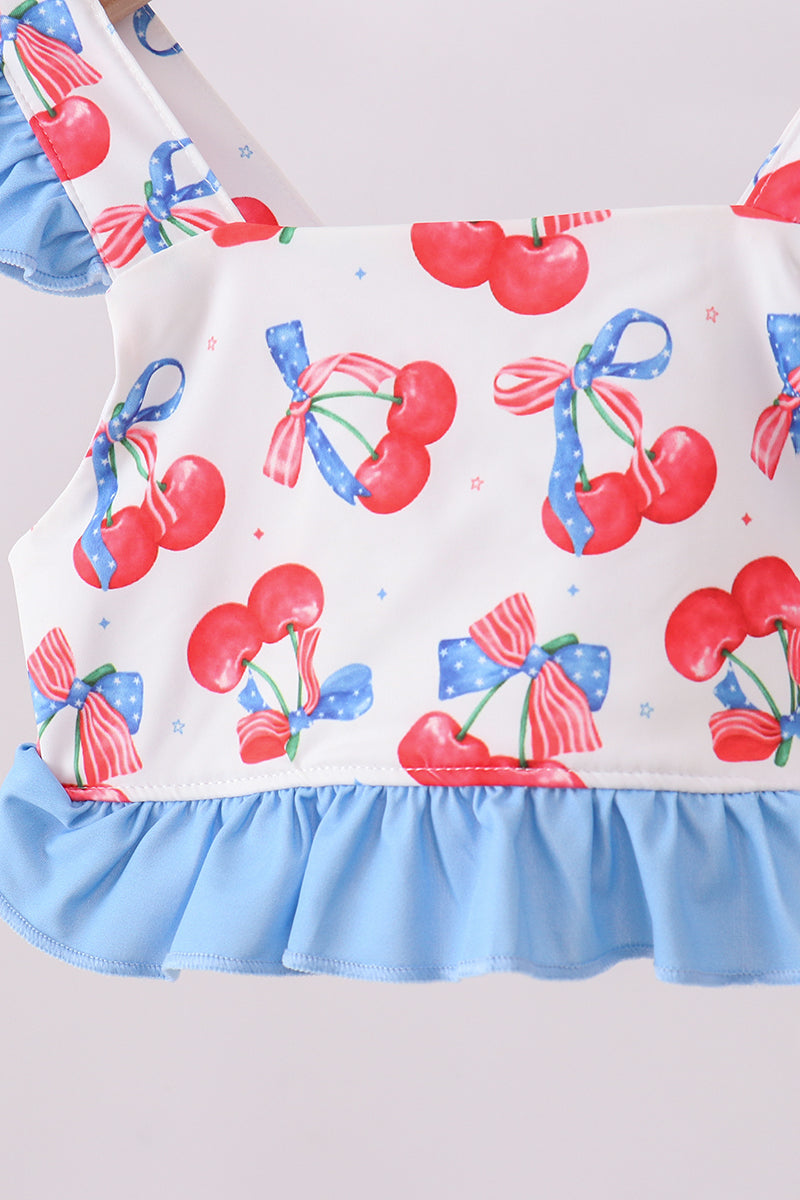 Blue Cherry Print Two-Piece Ruffle Swimsuit