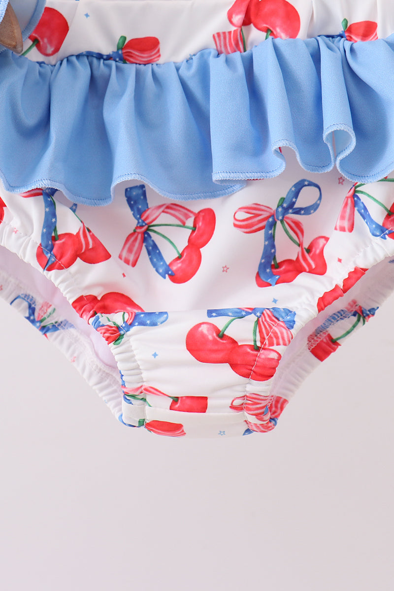Blue Cherry Print Two-Piece Ruffle Swimsuit