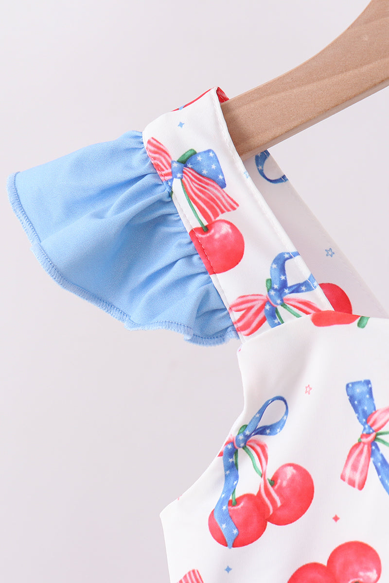 Blue Cherry Print Two-Piece Ruffle Swimsuit