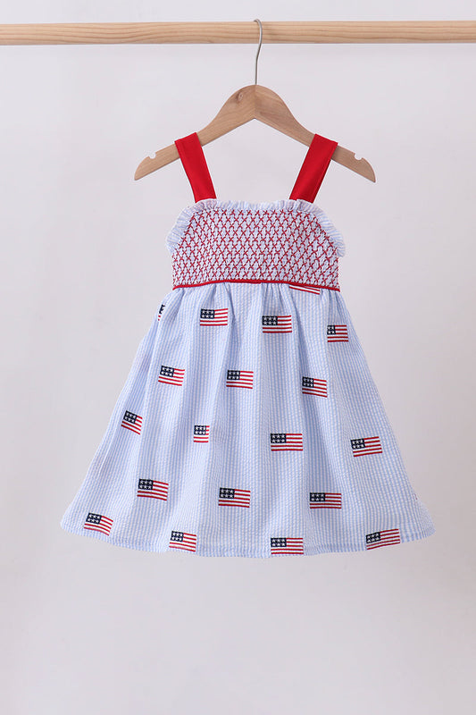 Blue Flag Embroidery Seersucker Ruffle Dress