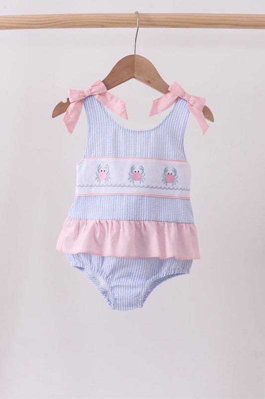 Blue Stripe Seersucker Crab Embroidery Swimsuit