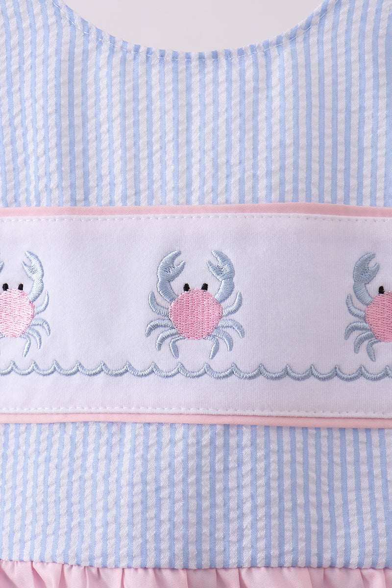 Blue Stripe Seersucker Crab Embroidery Swimsuit