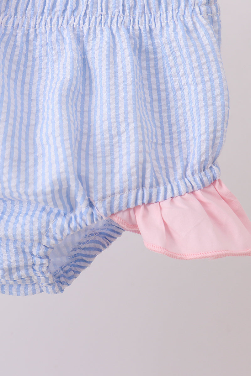 Blue Stripe Seersucker Crab Embroidery 2PC Ruffle Swimsuit