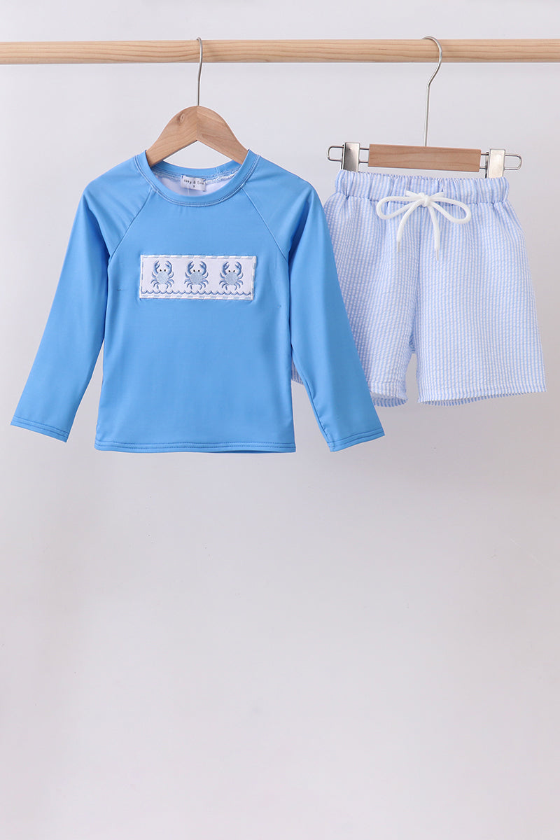 Blue Crab Embroidery Stripe Shorts Swimsuit