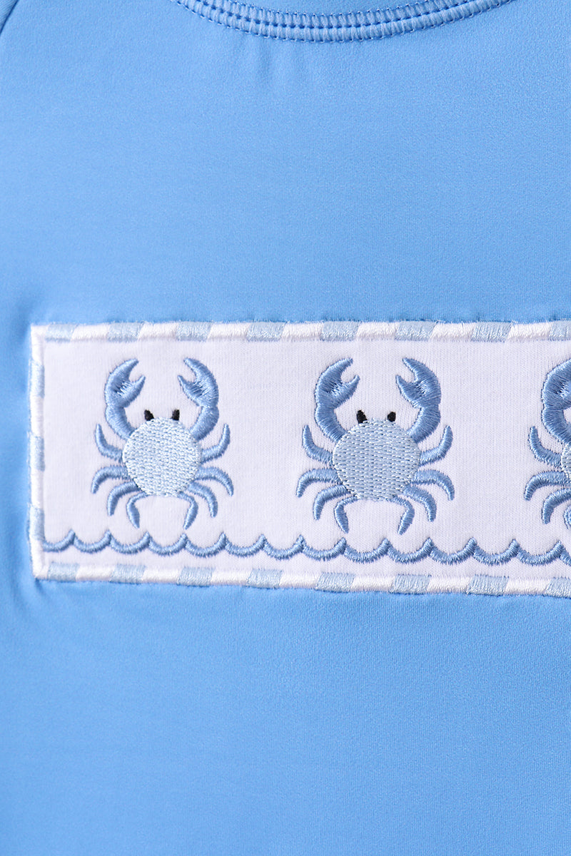 Blue Crab Embroidery Stripe Shorts Swimsuit