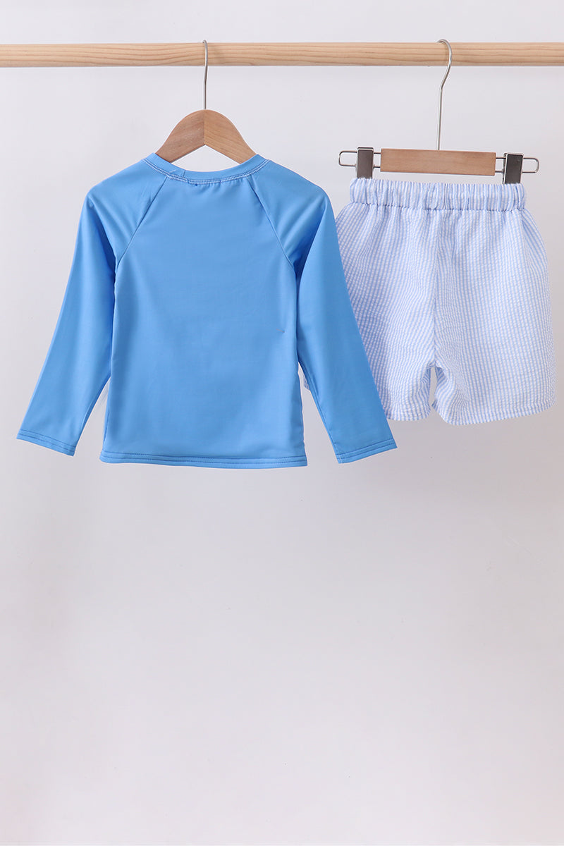 Blue Crab Embroidery Stripe Shorts Swimsuit