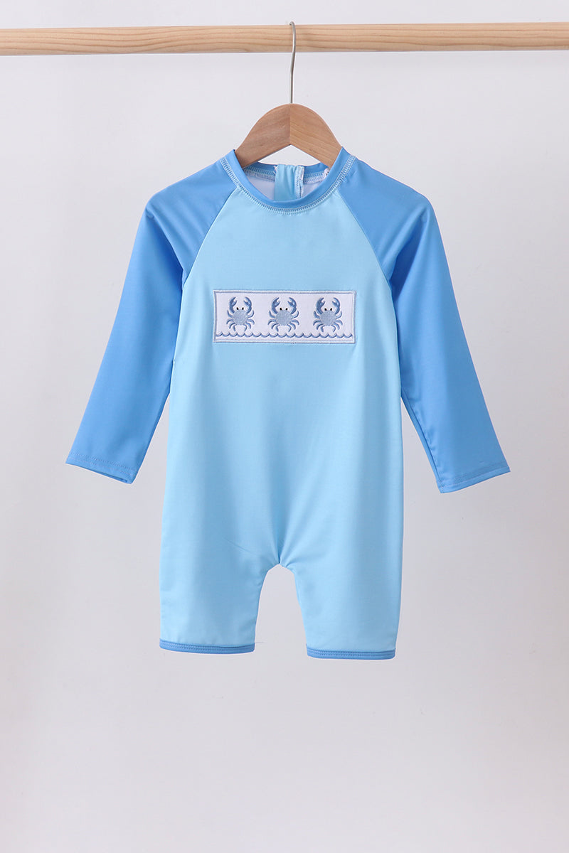Blue Crab Embroidery One-Piece Swimsuit