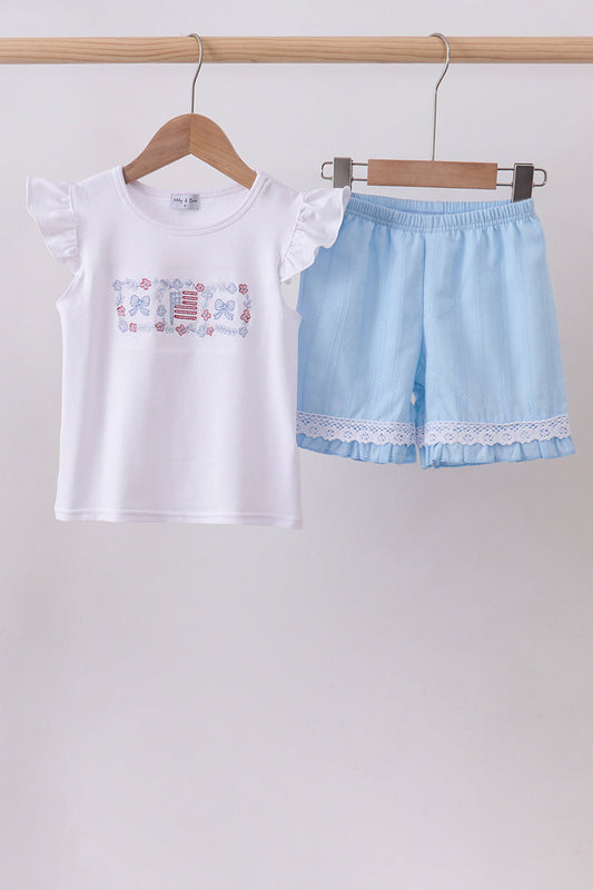 Girls Blue flag smocked jacquard ruffle shorts set