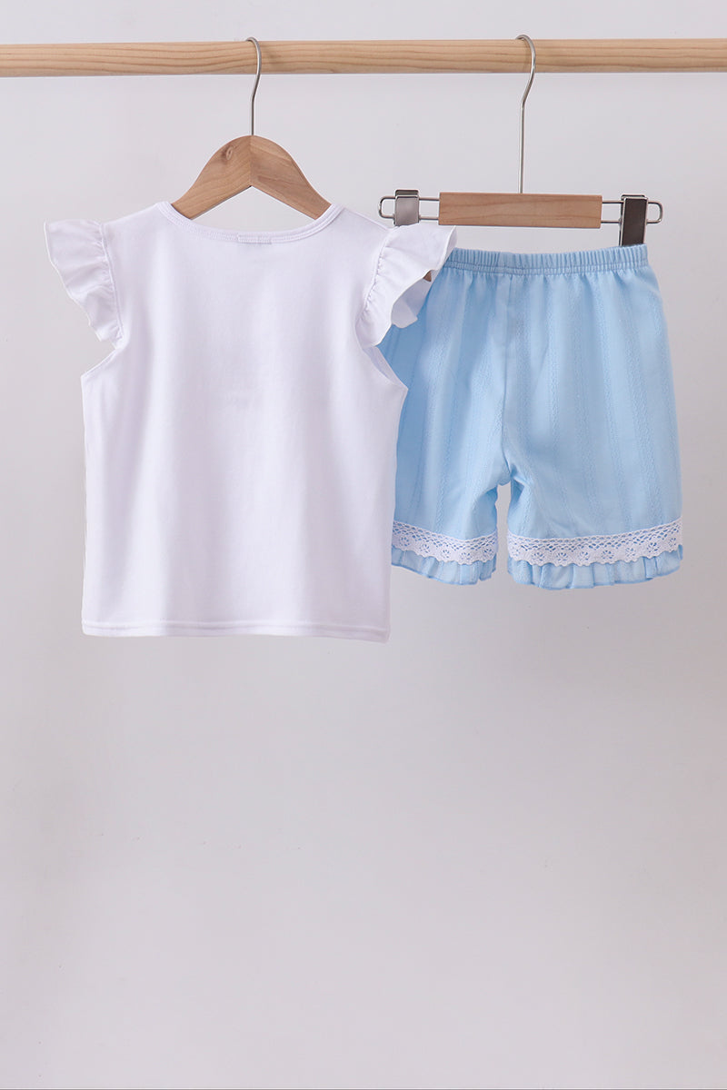 Girls Blue flag smocked jacquard ruffle shorts set