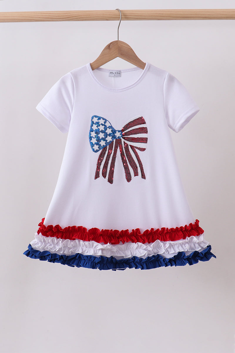 White Bow Sequin Ruffle Dress
