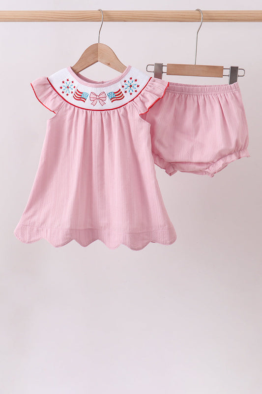 Pink Fireworks Flag Smocked Jacquard Scalloped Ruffle Bloomer Set