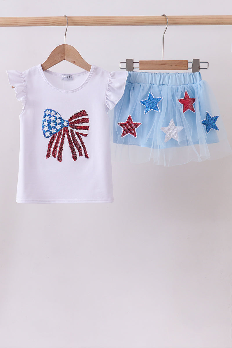 Blue Bow Star Sequin Skort Set