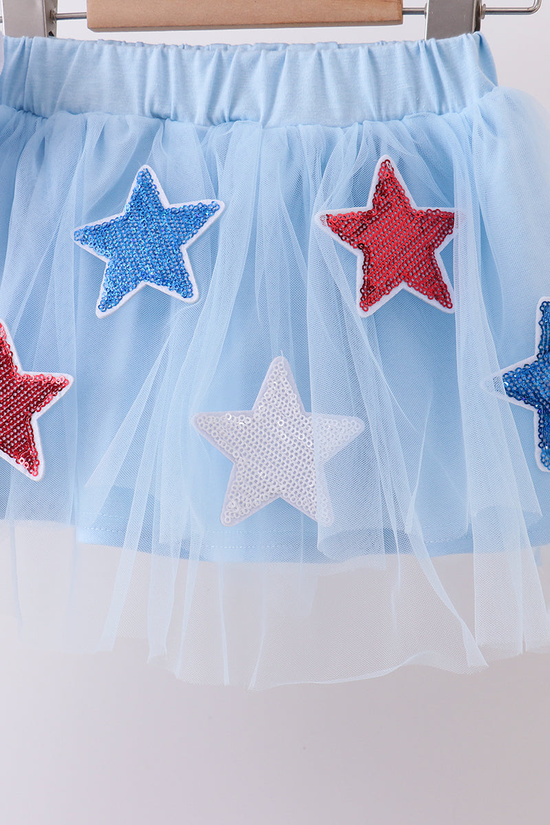 Blue Bow Star Sequin Skort Set