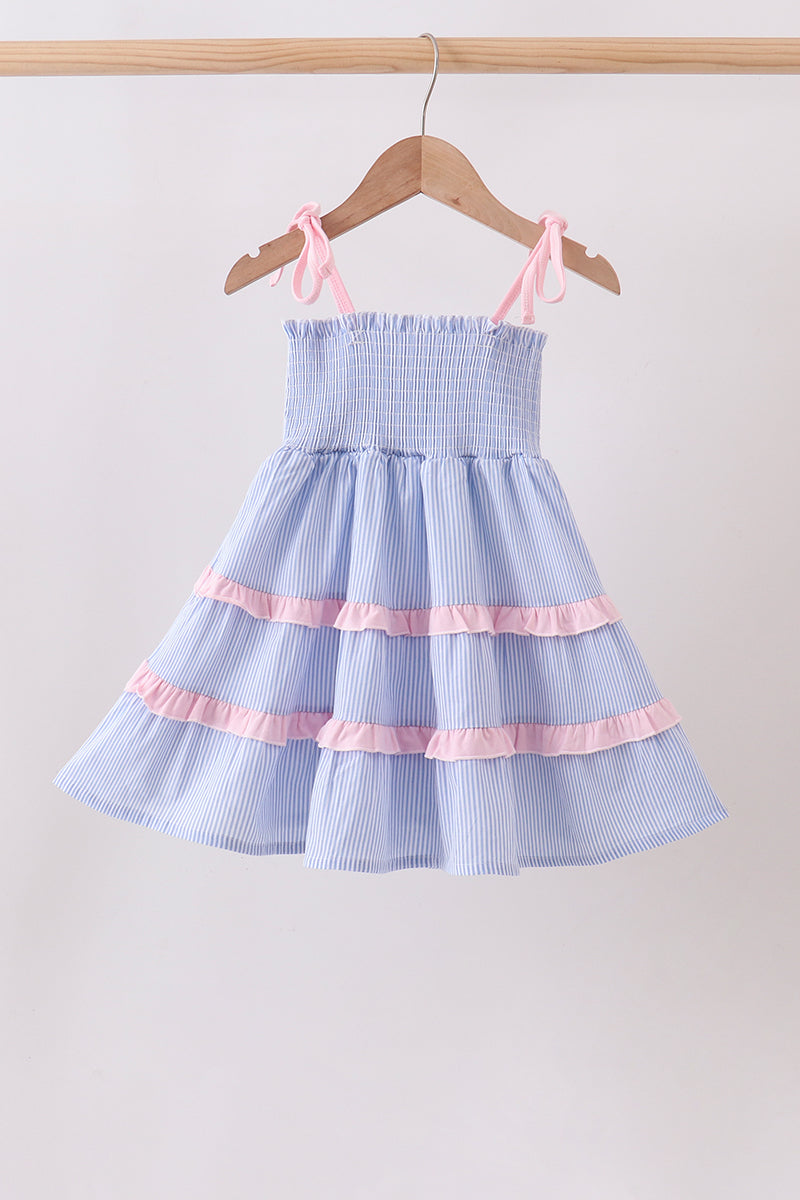 Girls Blue Stripe Smocked Dress