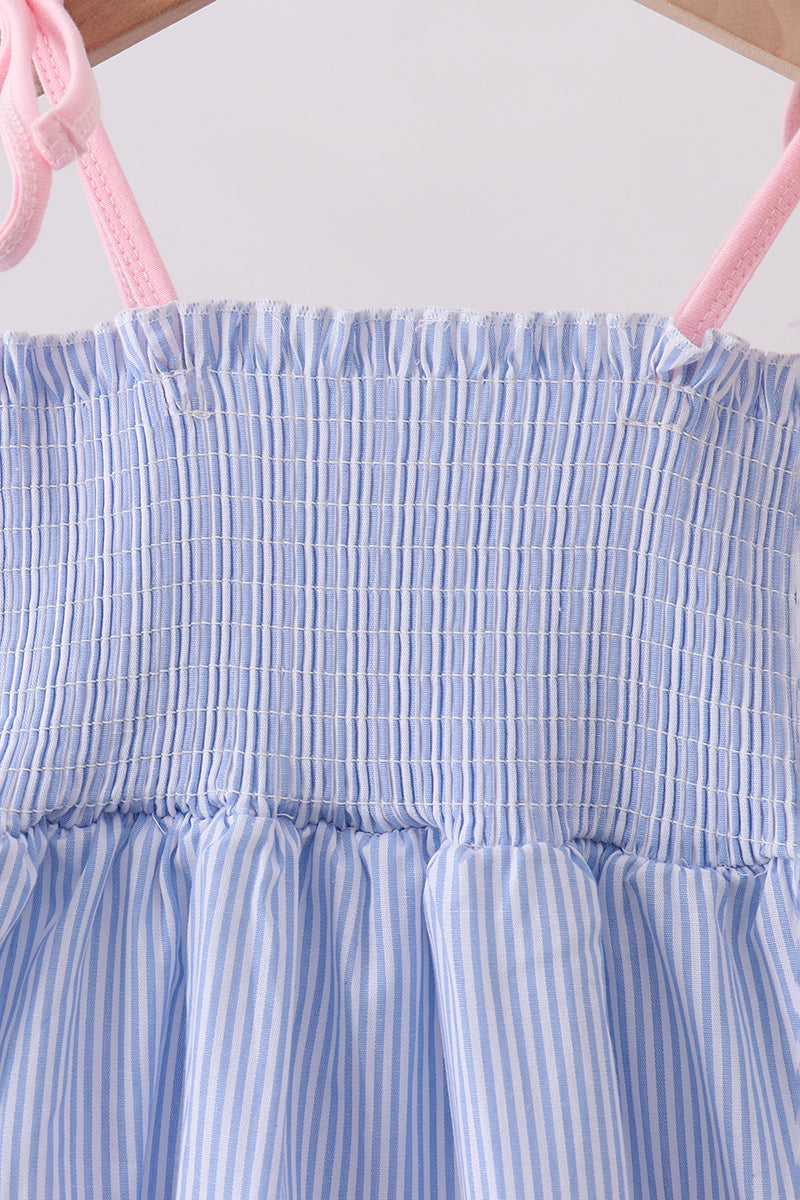 Girls Blue Stripe Smocked Dress