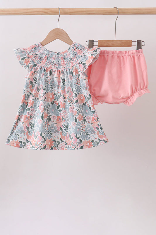 Pink Floral Smocked Knit Bloomer Set