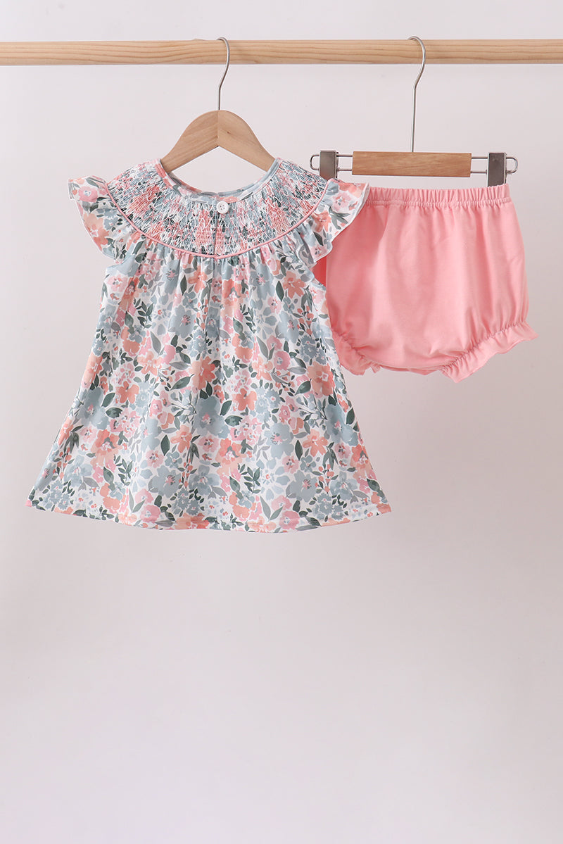 Pink Floral Smocked Knit Bloomer Set