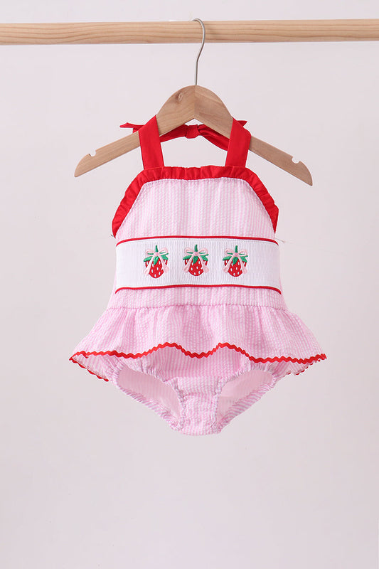 Baby & Girls Pink Stripe Seersucker Strawberry Smocked One-Piece Swimsuit