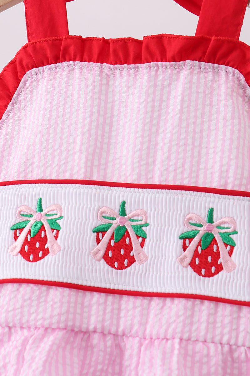 Baby & Girls Pink Stripe Seersucker Strawberry Smocked One-Piece Swimsuit