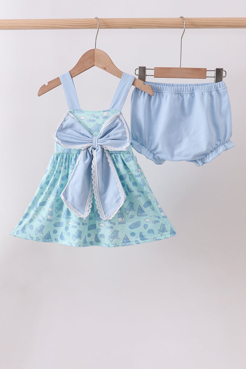 Blue Beach Print Bow Bloomer Set