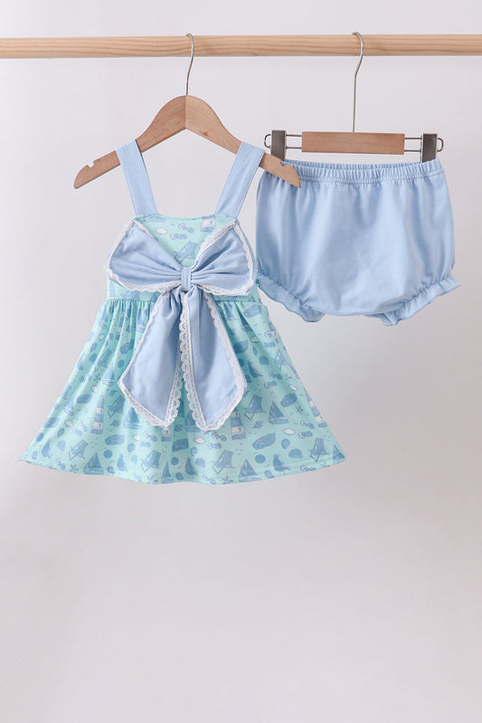 Blue Beach Print Bow Bloomer Set