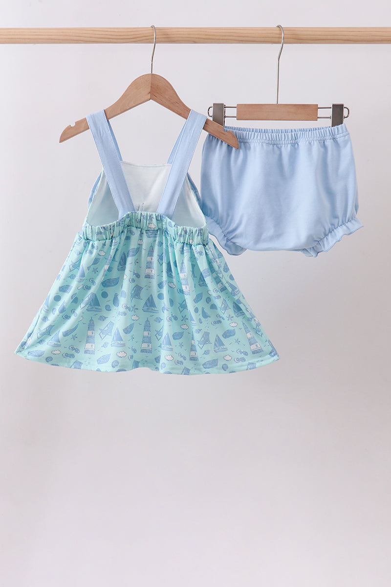 Blue Beach Print Bow Bloomer Set
