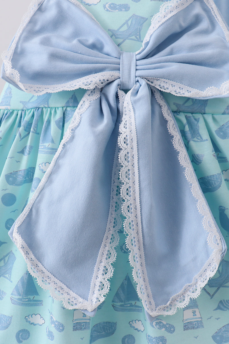 Blue Beach Print Bow Bloomer Set