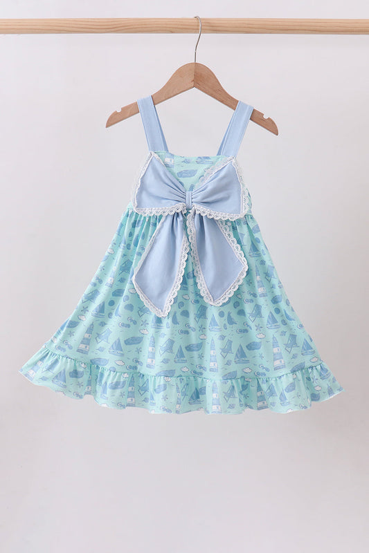Blue Beach Print Bow Ruffle Dress
