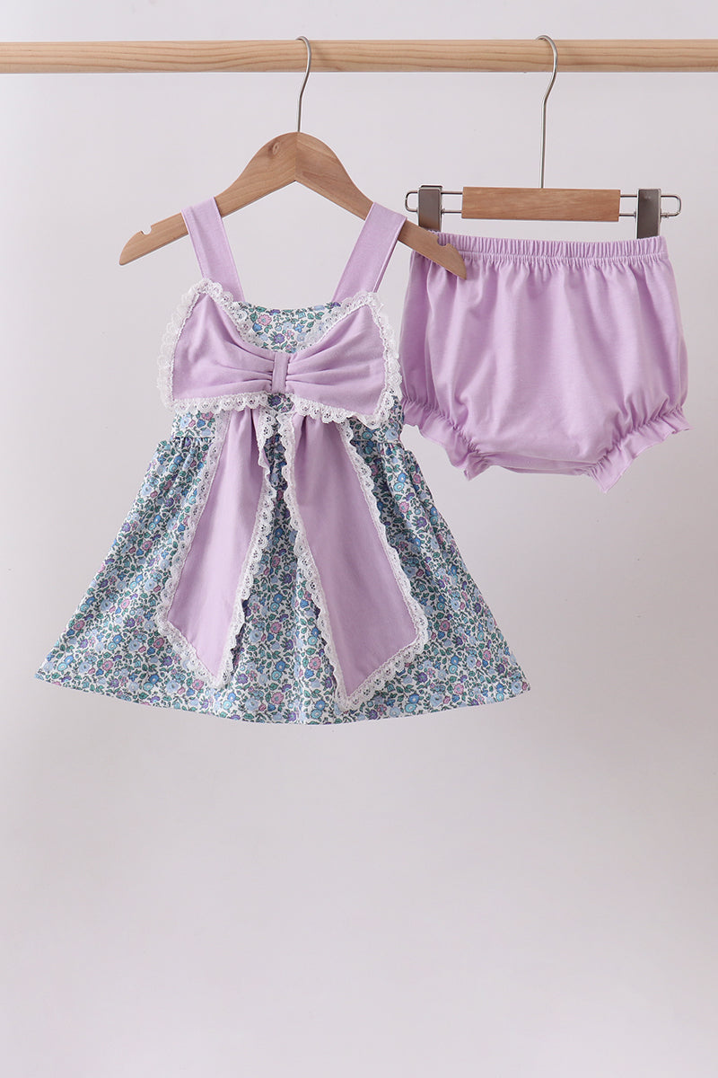 Purple Floral Print Bow Bloomer Set
