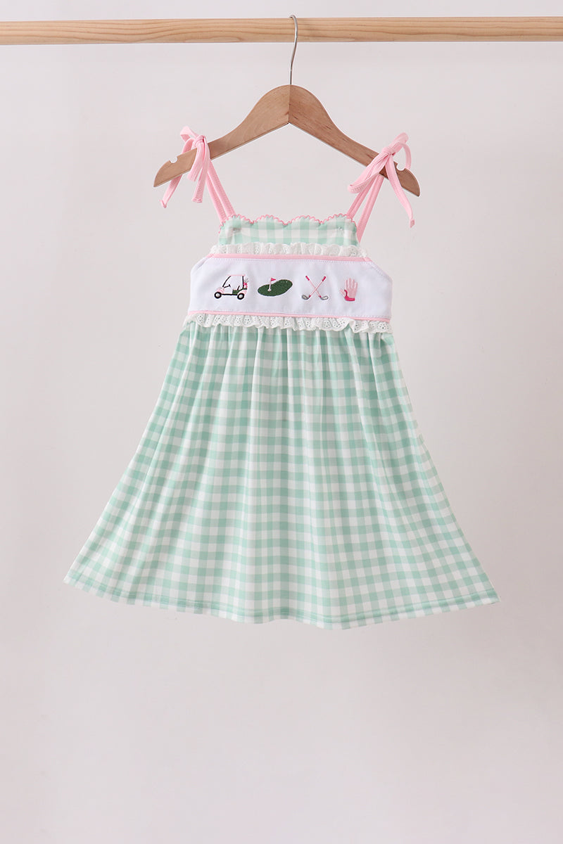 Girls Green Golf Embroidered Dress