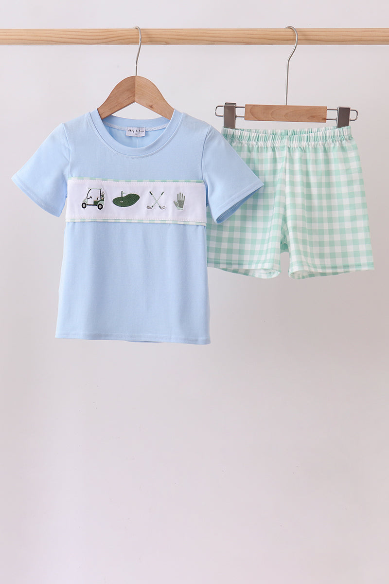 Boys Green Golf Embroidered Gingham Set