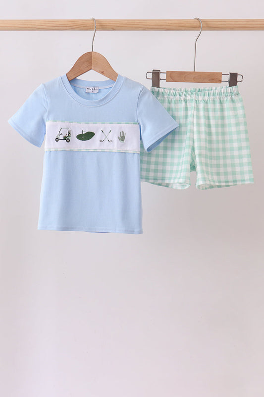 Boys Green Golf Embroidered Gingham Set
