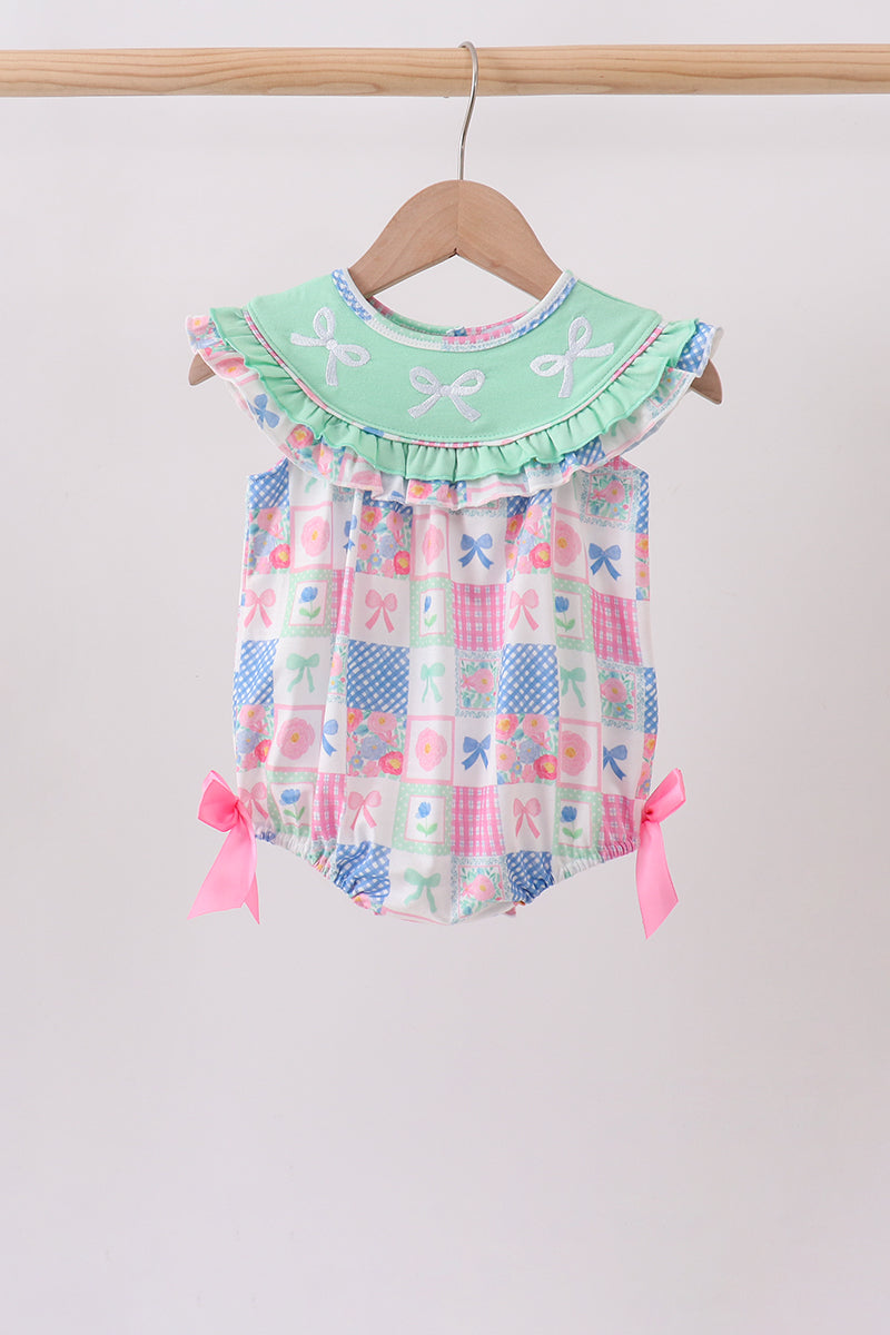 Baby Girls Green Bow Embroidered Checkered Bubble