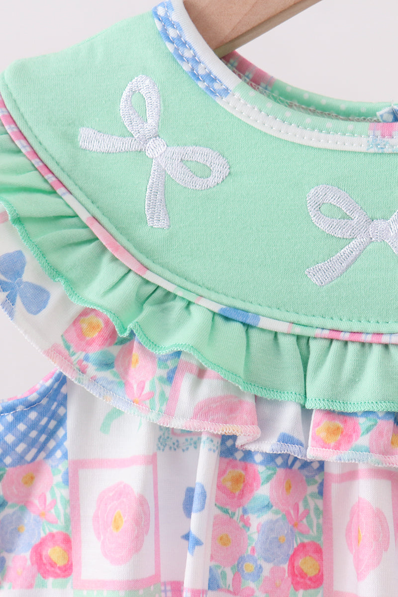 Baby Girls Green Bow Embroidered Checkered Bubble