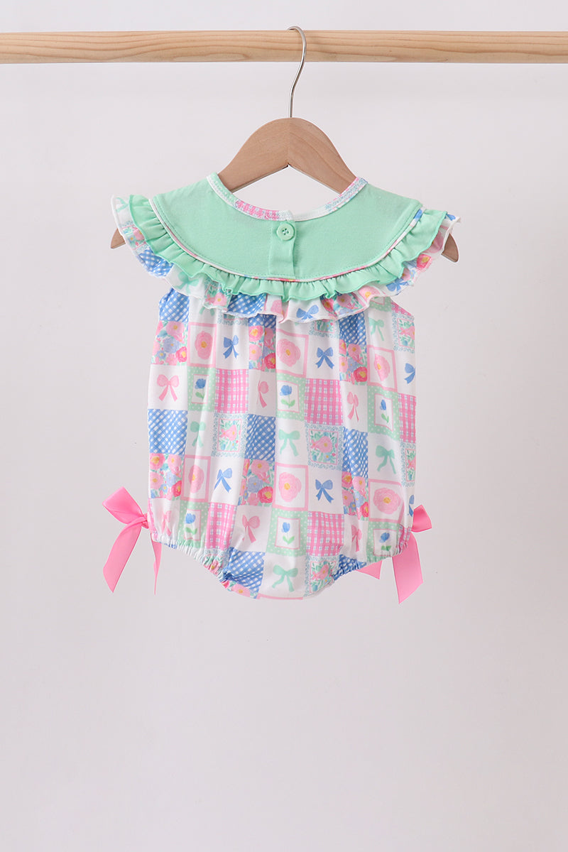 Baby Girls Green Bow Embroidered Checkered Bubble
