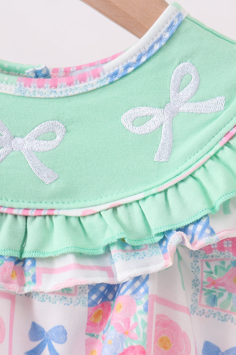 Baby Girls Green Bow Embroidered Checkered Bubble