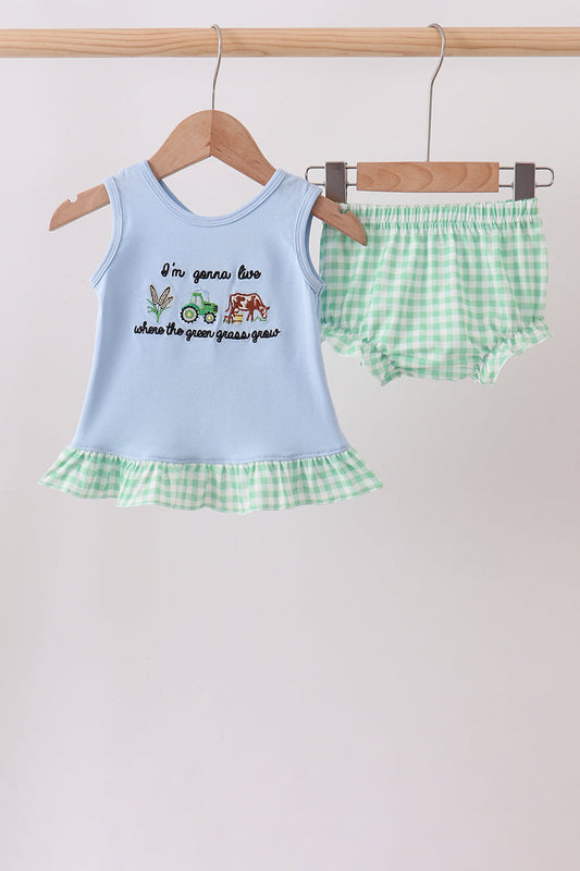 Baby Girls Blue Farm Embroidered Bloomer Set