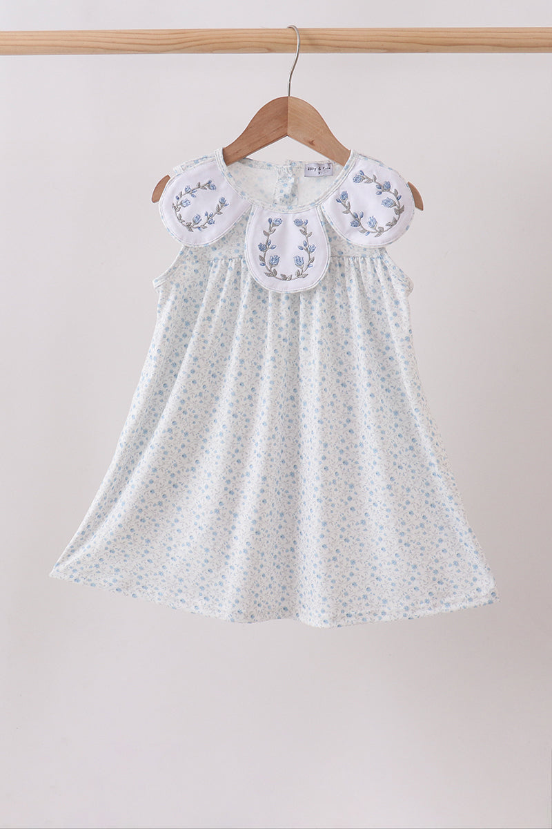 Girls Blue Floral Embroidered Dress