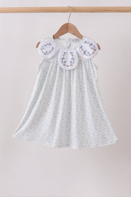 Girls Blue Floral Embroidered Dress