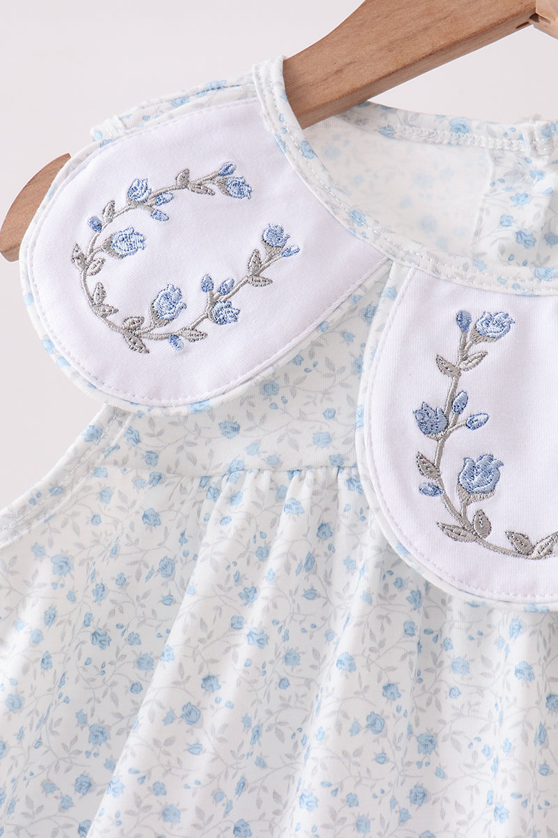 Girls Blue Floral Embroidered Dress