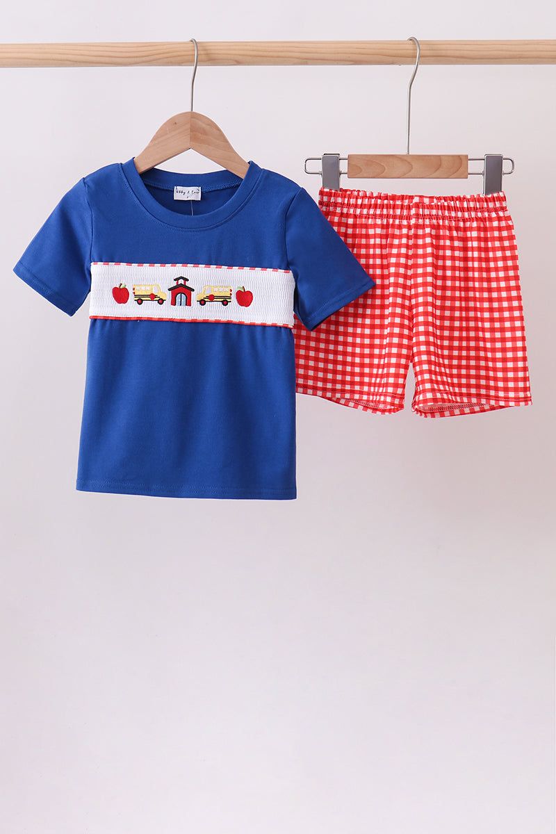Boys Navy School Bus Smocked Gingham Shorts Set