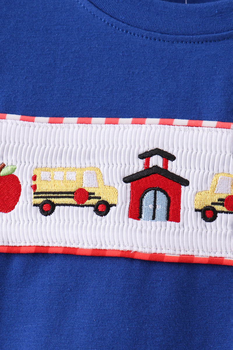 Boys Navy School Bus Smocked Gingham Shorts Set