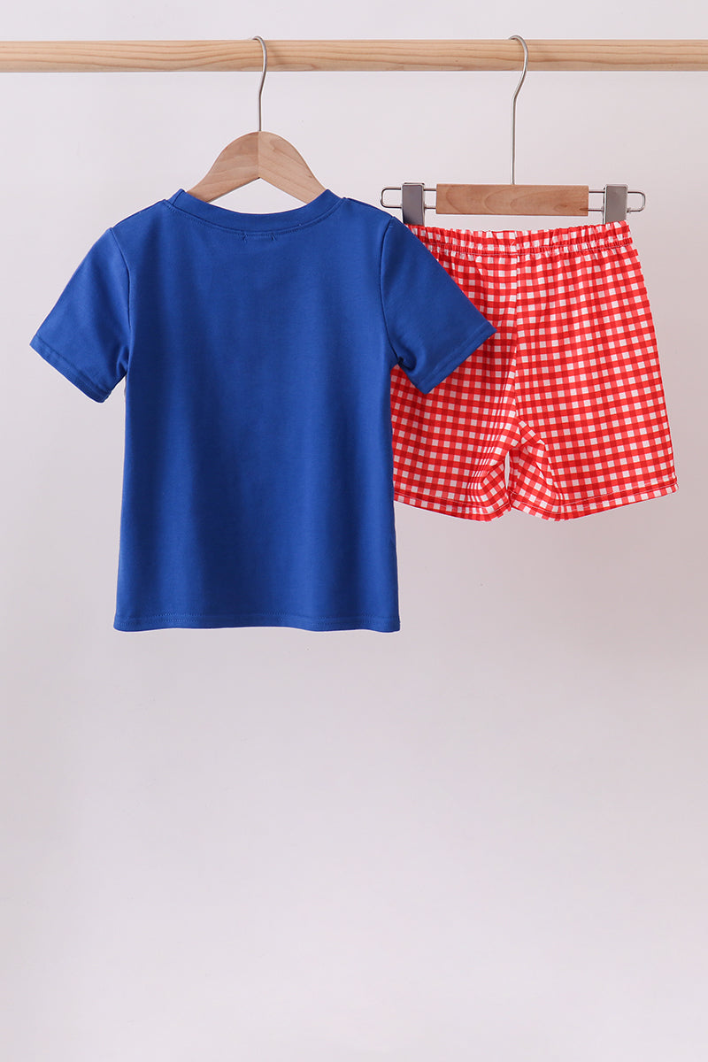 Boys Navy School Bus Smocked Gingham Shorts Set