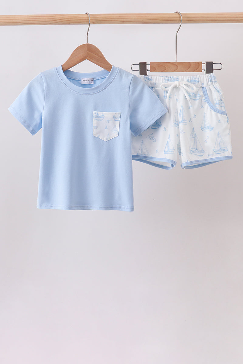 Boys Blue Sailboat Shorts Set