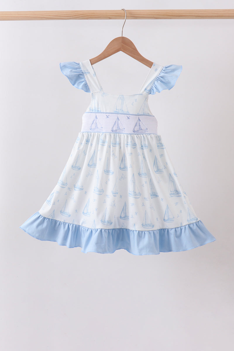 Girls Blue Sailboat Smocked Ruffle Dress