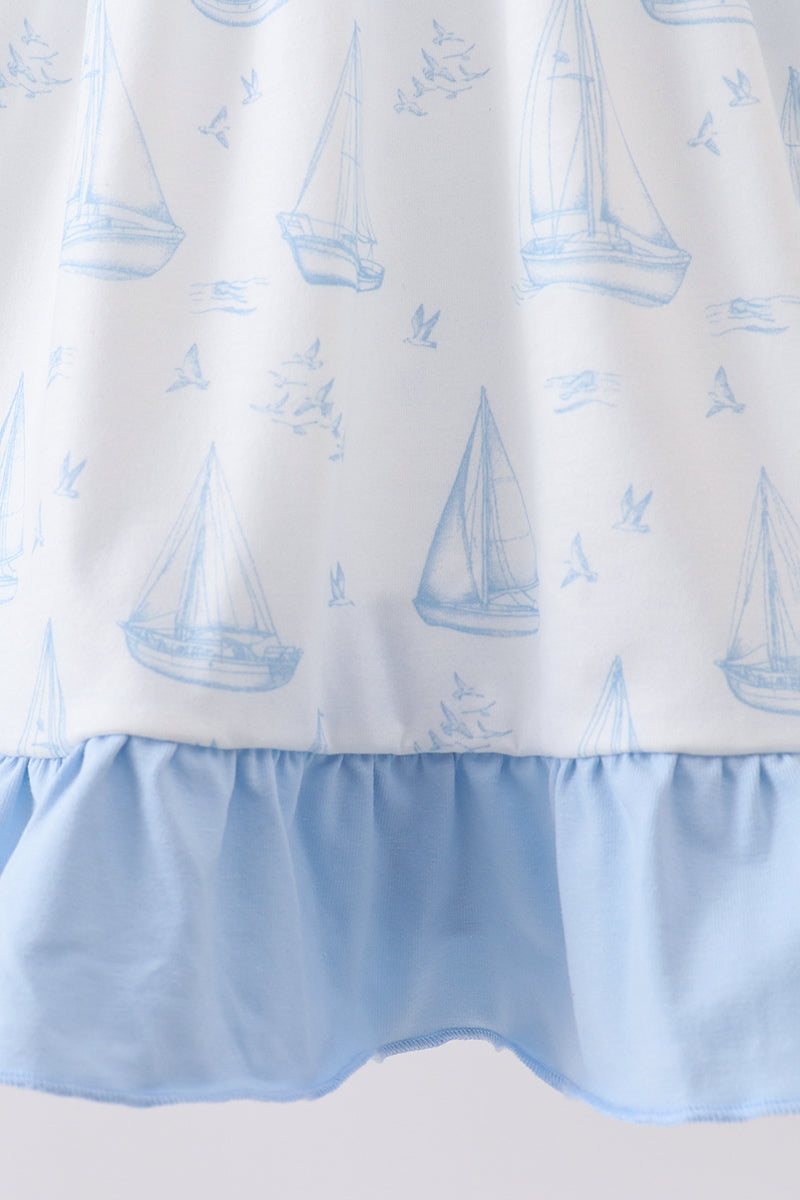 Girls Blue Sailboat Smocked Ruffle Dress