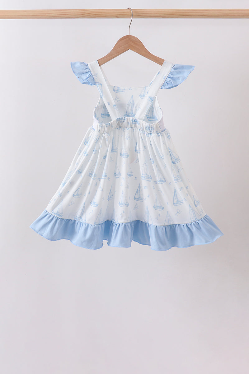 Girls Blue Sailboat Smocked Ruffle Dress
